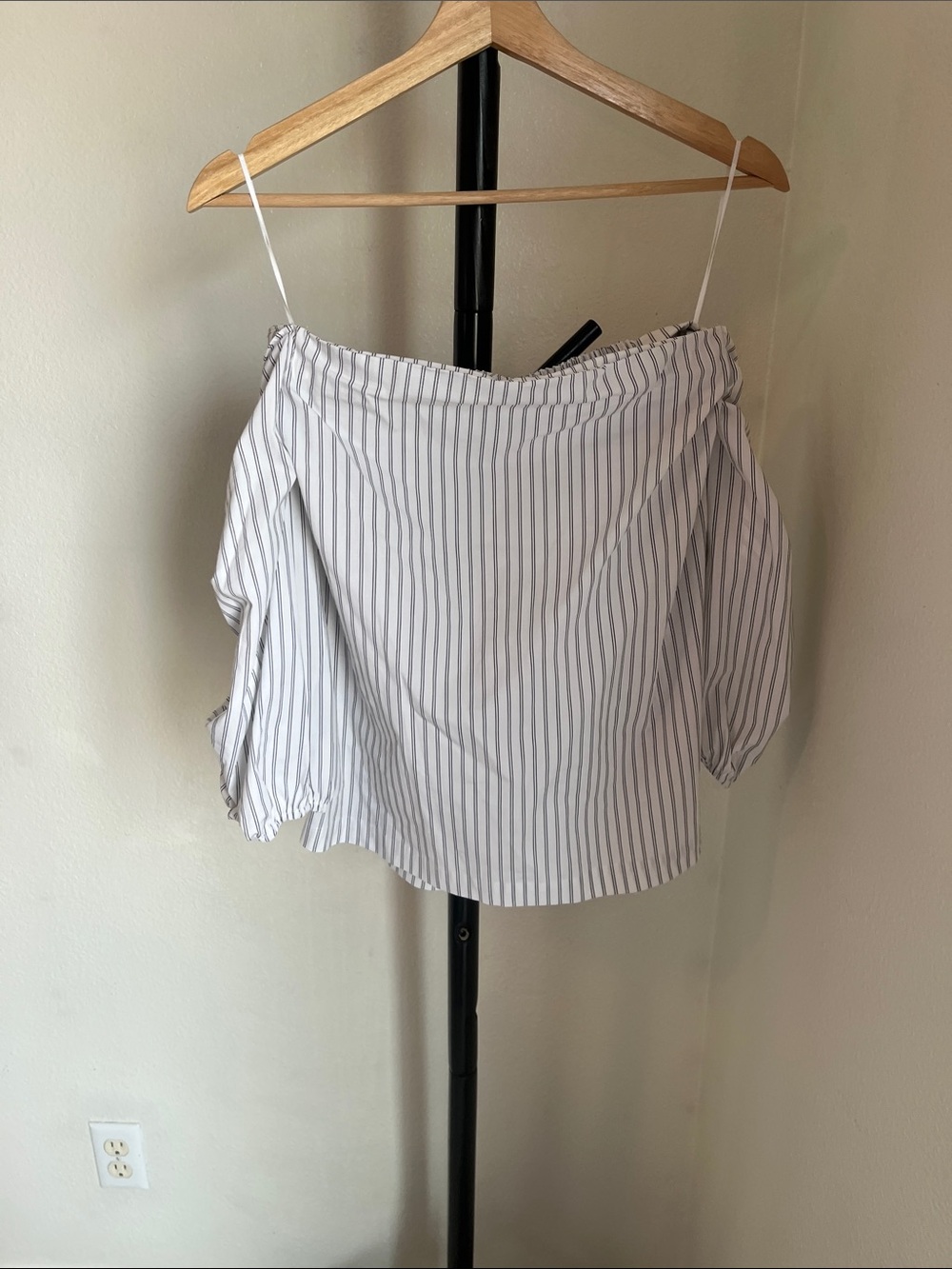 1. State White and Black Vertical-Striped Off-Shoulder Blouse NWT
